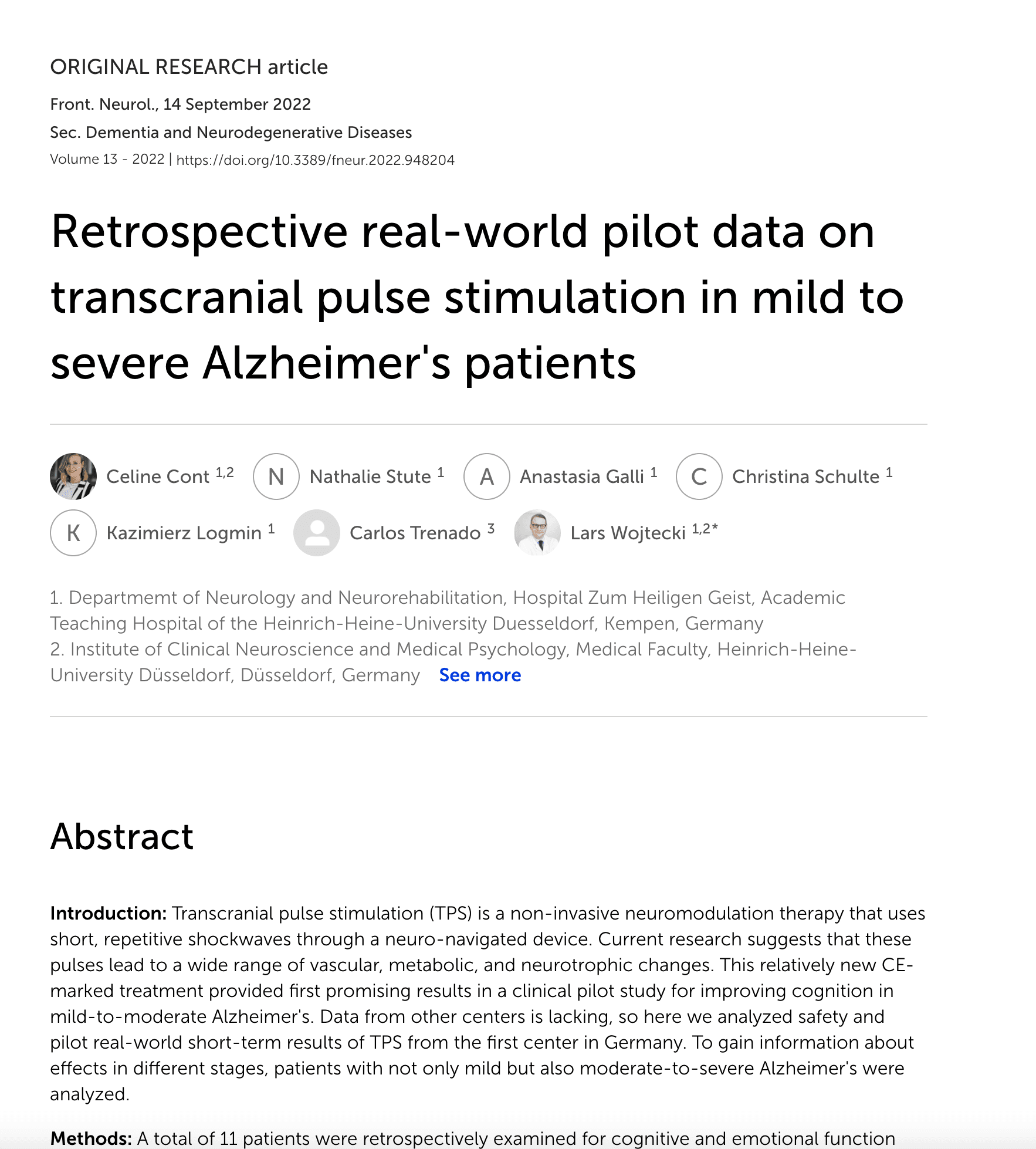 Screenshot: Retrospective Real-World Pilot Data on Transcranial Pulse Stimulation in Mild to Severe Alzheimer's Patients