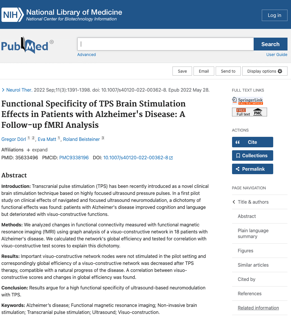 Screenshot: Functional Specificity of TPS Brain Stimulation Effects in Patients With Alzheimer's Disease: A Follow-up fMRI Analysis