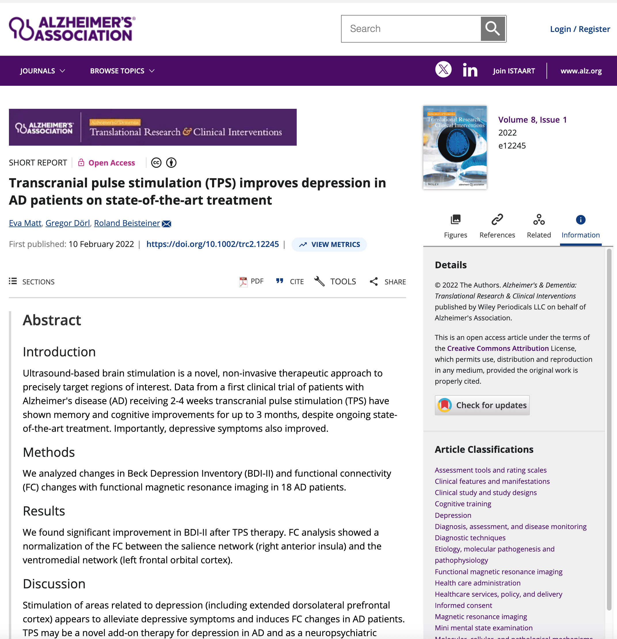 Screenshot: TPS Improves Depression in Alzheimer's Disease Patients on State-of-the-Art Treatment