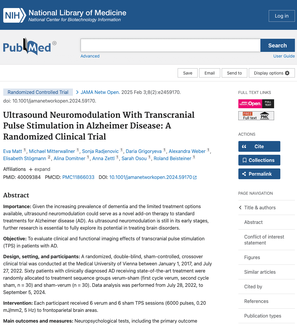 Studie: Ultrasound Neuromodulation With Transcranial Pulse Stimulation in Alzheimer Disease