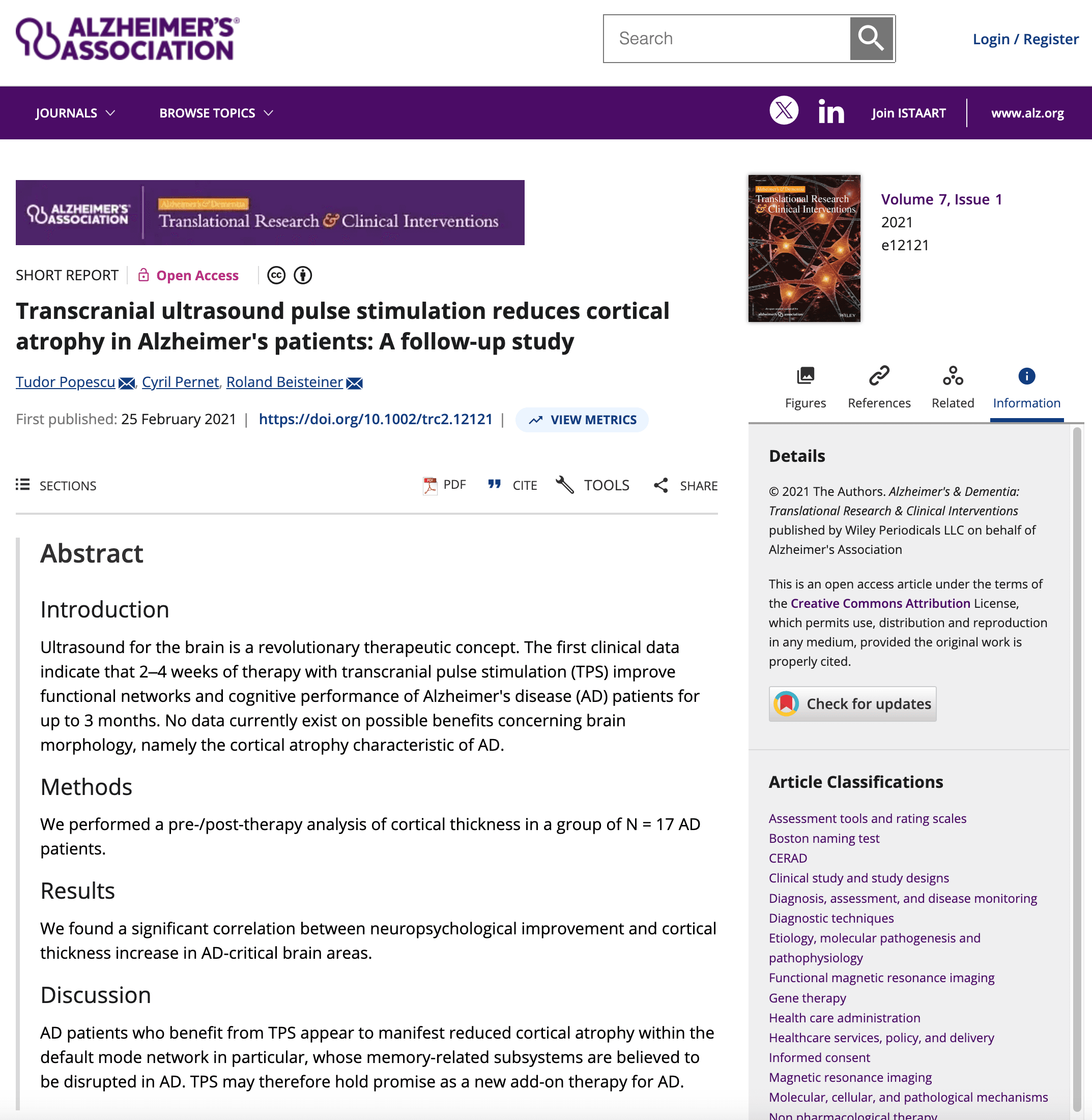 Screenshot: Transcranial Ultrasound Pulse Stimulation Reduces Cortical Atrophy in Alzheimer's Patients: A Follow-up Study
