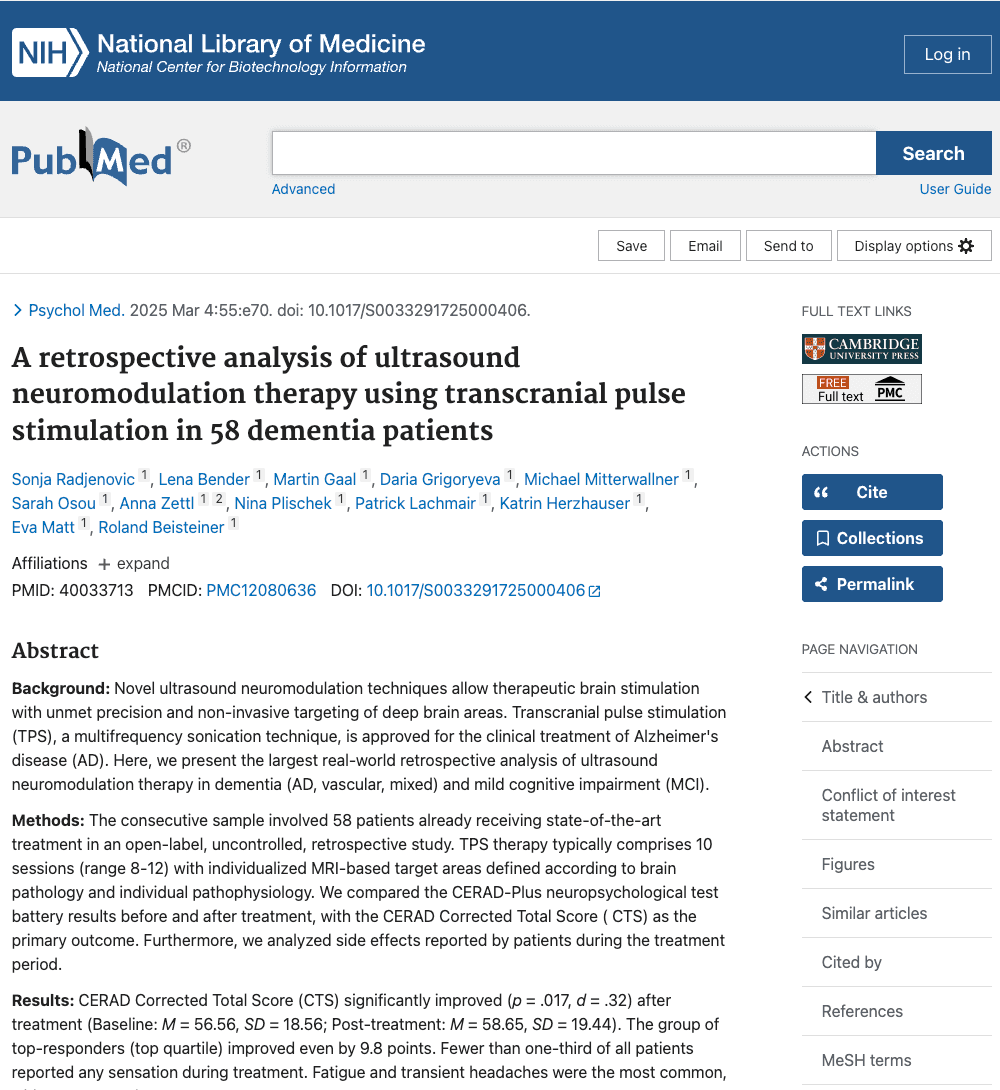 Screenshot: A Retrospective Analysis of Ultrasound Neuromodulation Therapy Using Transcranial Pulse Stimulation in 58 Dementia Patients
