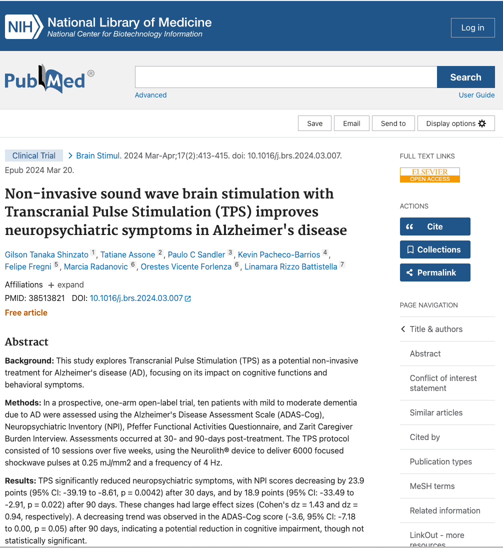 Screenshot: Non-Invasive Sound Wave Brain Stimulation With TPS Improves Neuropsychiatric Symptoms in Alzheimer's Disease