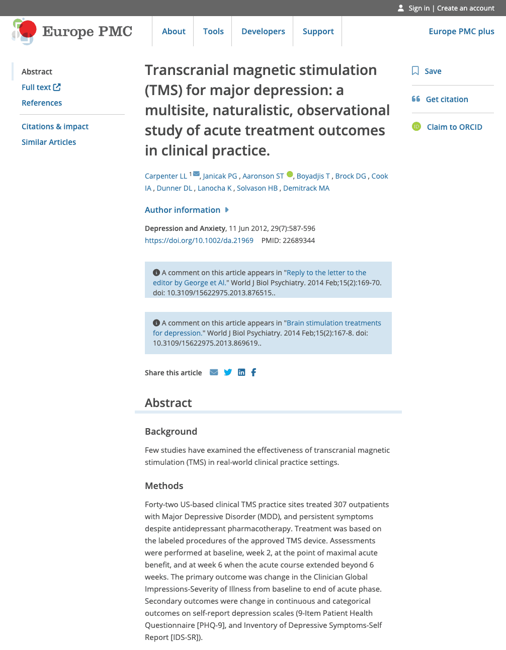 Transcranial Magnetic Stimulation (TMS) for Major Depression: A Multisite, Naturalistic, Observational Study of Acute Treatment Outcomes in Clinical Practice